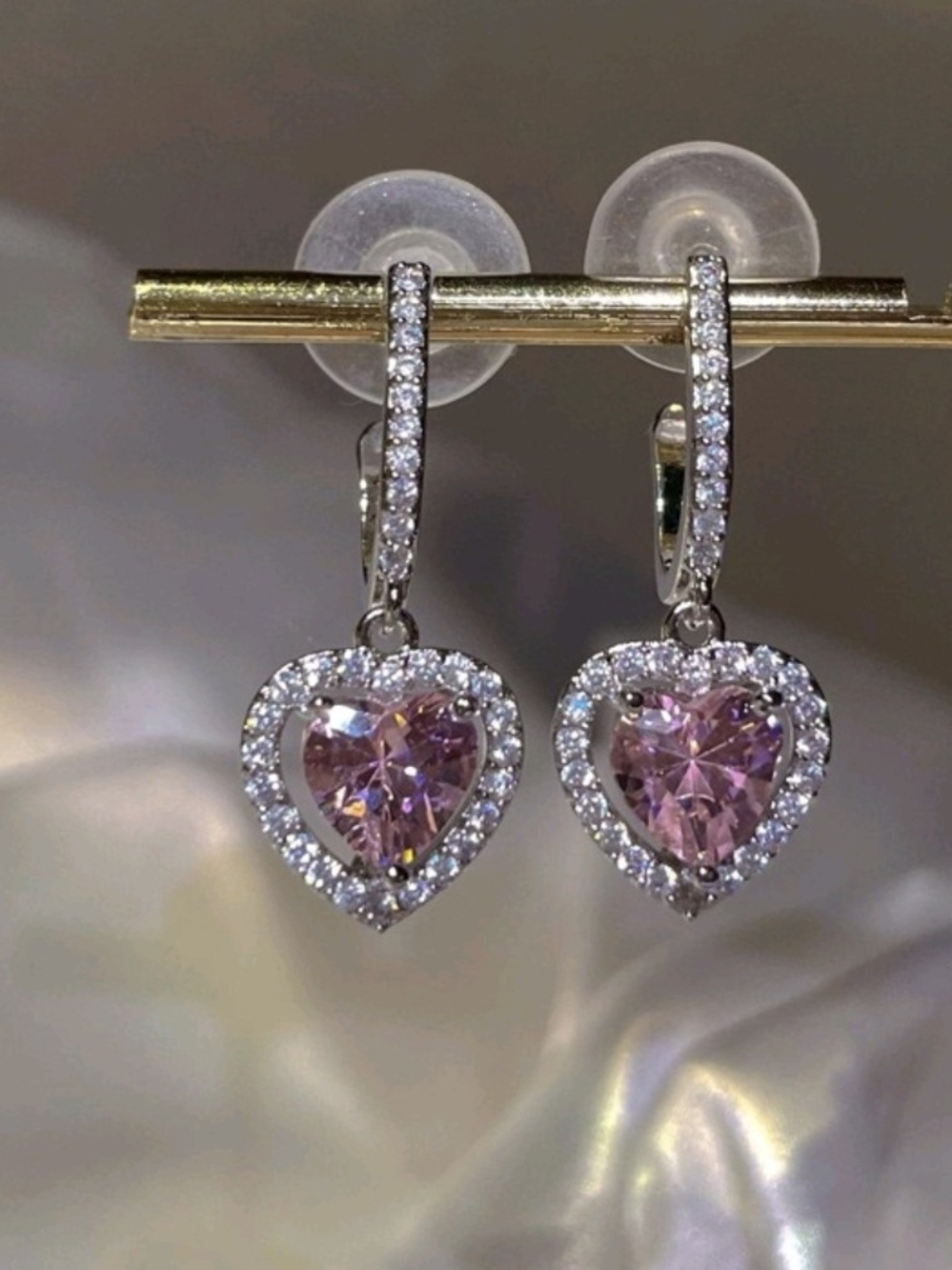 Elegant Pink Heart Drop Earrings with Cubic Zirconia Accents